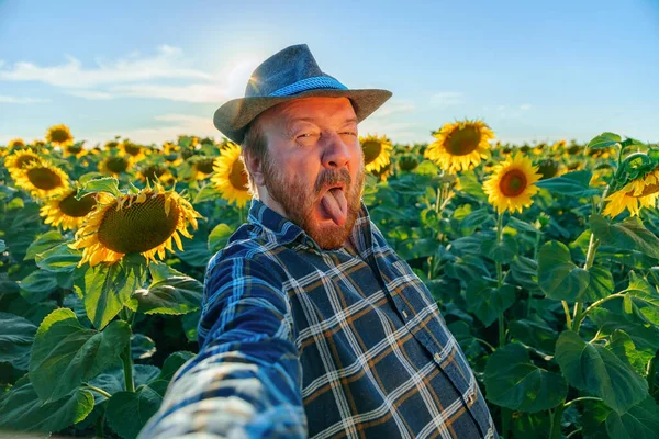 Senior Farmer Make Grimace Excited Happy Taking Selfie Sticks His — Foto de Stock
