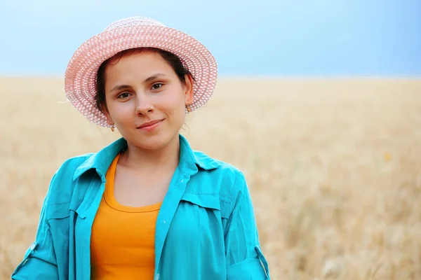 Portrait Young Farmer Smiling Girl Looking Camera Dark Hair Sun —  Fotos de Stock