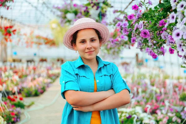 Front View Young Agronomist Girl Greenhouse Woman Crosses Her Arms —  Fotos de Stock