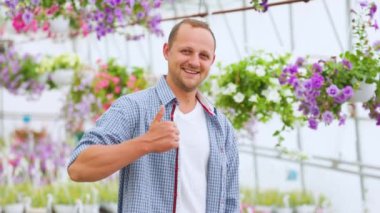 A young agronomist businessman stands smiling in a greenhouse with flowers, looks at the camera and shows thump up with one hand. The new business is growing well. The man is wearing a plaid shirt.