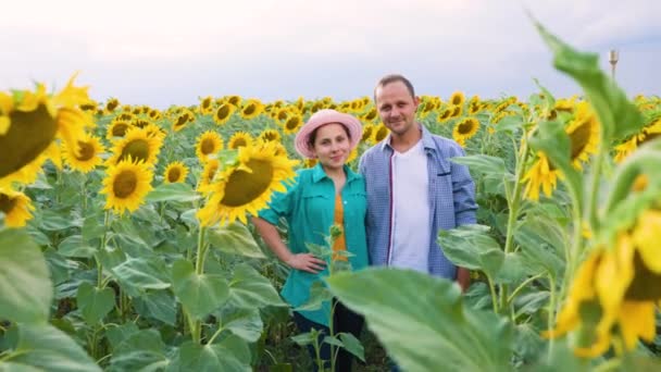Front View Happy Farmers Family Field Sunflowers Looking Camera Each — 비디오