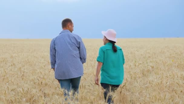 Rear View Young Farmers Man Woman Walking Field Ripe Wheat — Wideo stockowe