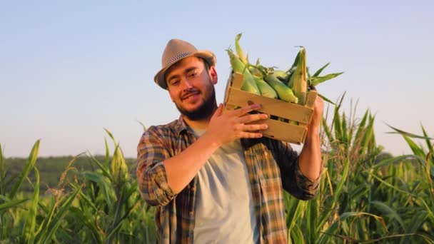 Вид Спереду Камеру Молодий Фермер Агроном Стоїть Полі Коробкою Повною — стокове відео