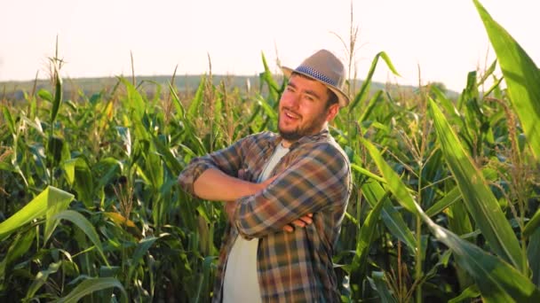 Young Man Farmer Hat Standing Happy Cornfield Turning His Head — Stock videók