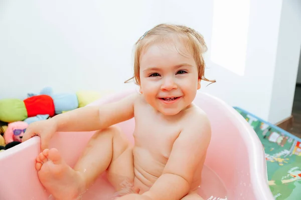 Front View Looking Camera Baby Kid Girl Sits Bath One — Foto de Stock