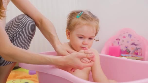 Front View Woman Carefully Gently Wash Baby Girl Bath Child — Stock Video