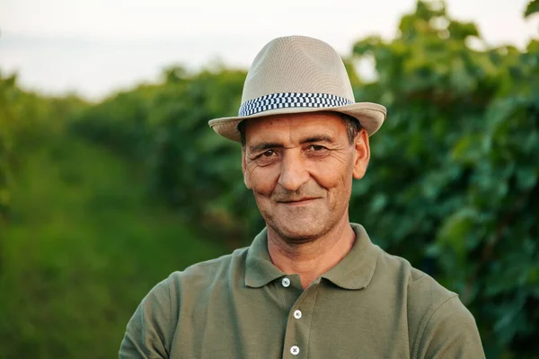 Vista Frontal Mirando Cámara Anciano Agricultor Viticultor Sombrero Sonriendo Con — Foto de Stock
