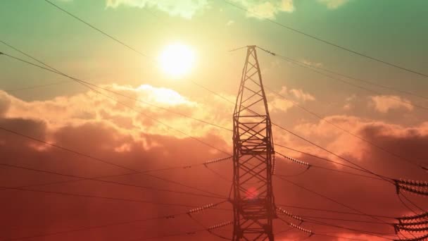Časový Výpadek Elektrických Sloupů Vysokonapěťového Vedení Při Západu Slunce Elektřina — Stock video