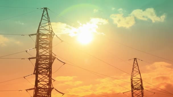 Caducidad Los Pilones Eléctricos Línea Eléctrica Alta Tensión Atardecer Electricidad — Vídeos de Stock
