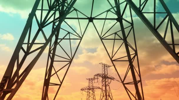 Lapso Tiempo Poste Alto Voltaje Líneas Eléctricas Atardecer Pilones Electricidad — Vídeos de Stock