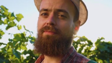 Üzüm bağındaki kameraya bakarak genç erkek çiftçiyi kendinden emin bir şekilde gülümsetiyor. Parlak güneş, yapılan işten gelen mutluluğun resmini tamamlar. Kafasında bir şapka ve sakal var..