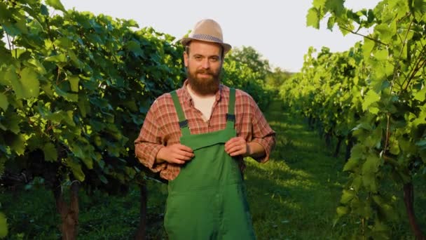 Die Kamera Blickend Steht Ein Junger Bauer Overalls Einem Weinberg — Stockvideo