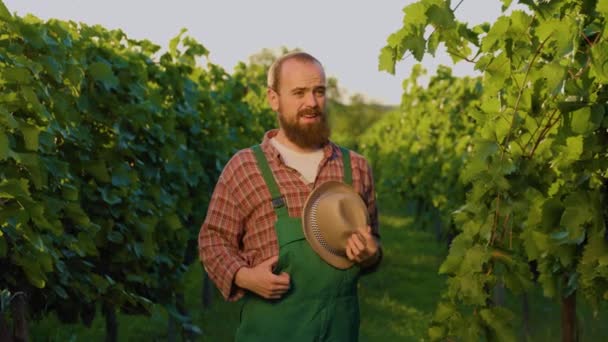 Front View Young Tired Happy Male Farmer Winemaker Vineyard Took — Stock Video