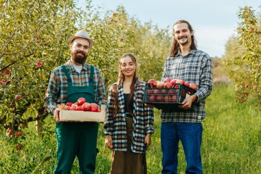 Ön manzara mutlu bir gülümseme. Meyve bahçesinde üç çiftçi kameraya bakıyor. İçinde ekinler ve elektronik tablet olan kutuları tutuyor. Erkekler ve kadınlar yaptıkları işten memnunlar. Hasat toplandı..