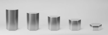 Gümüş 3D altıgen, gri arkaplanda izole edilmiş perspektif ve ön görüş seviyelerini ayarlar. Altıgen sütun, krom çelik boru, müze sahneleri, kaideler veya ürün podyumu. 3d geometrik şekil vektörü