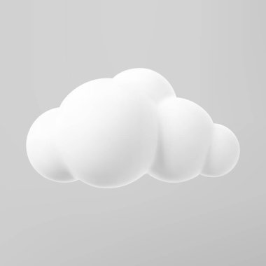 Bir bulutun üç boyutlu görüntüsü gri bir arka planda izole edilmiş bir şekilde taklit edilir. Yumuşak yuvarlak kabarık bulut simgesi. 3d geometrik şekil vektör çizimi