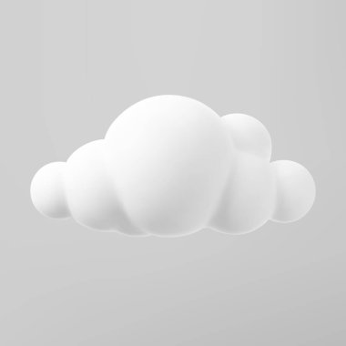 Bir bulutun üç boyutlu görüntüsü gri bir arka planda izole edilmiş bir şekilde taklit edilir. Yumuşak yuvarlak kabarık bulut simgesi. 3d geometrik şekil vektör çizimi