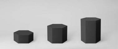 Siyah 3d altıgen podyum seti. Perspektif gri arka planda izole edilmiş. Altıgen biçimli, sütun biçimli, boş müze sahneleri ya da kaidesi olan bir podyum modeli. 3d temel geometrik şekil vektör çizimi