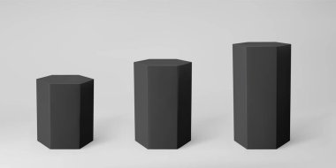 Siyah 3d altıgen podyum seti. Perspektif gri arka planda izole edilmiş. Altıgen biçimli, sütun biçimli, boş müze sahneleri ya da kaidesi olan bir podyum modeli. 3d temel geometrik şekil vektör çizimi