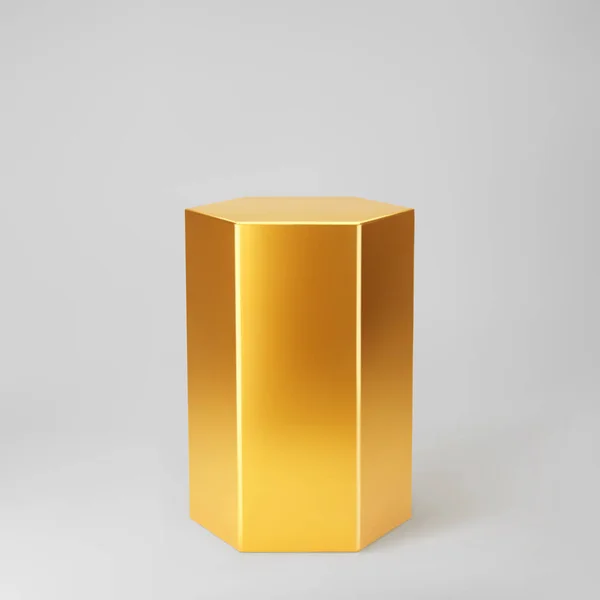 Χρυσό 3d εξάγωνο βάθρο με προοπτική που απομονώνεται σε γκρι φόντο. Μακιγιάζ εξαγωνικού εξαγωνικού σχήματος, κίονα, κενή σκηνή μουσείου ή βάθρο. 3d βασικό γεωμετρικό σχήμα διανυσματική απεικόνιση — Διανυσματικό Αρχείο