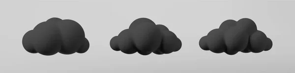 3 개의 검은 구름 이 회색 배경에 고립되어 있다. 부드러운 만화, 솜털검은 구름 아이콘, 검은 먼지 또는 연기를 렌더링한다. 3d 기하학적 도형 벡터 삽화 — 스톡 벡터