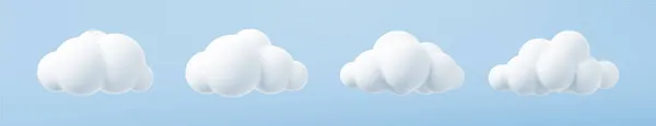 Nubes blancas en 3D situadas aisladas sobre un fondo azul. Render suave ronda de dibujos animados nubes esponjosas icono en el cielo azul. 3d formas geométricas vector ilustración — Vector de stock