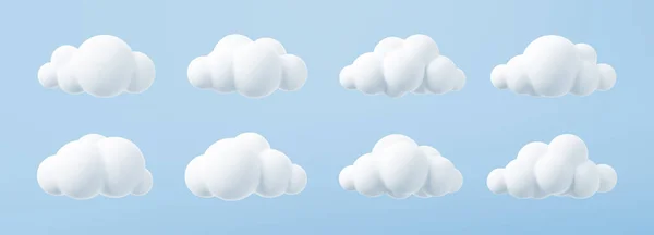Beyaz 3D bulutlar mavi bir arkaplanda izole edildi. Mavi gökyüzünde yumuşak, yuvarlak, kabarık bulutlu bir simge oluşturun. 3d geometrik şekiller vektör çizimi Vektör Grafikler