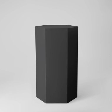 Gri arkaplanda perspektifi olan siyah 3d altıgen podyum. Altıgen şekilli, sütun biçimli, boş müze sahnesi ya da kaidesi olan bir podyum. 3d temel geometrik şekil vektör çizimi