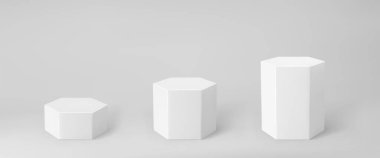 Beyaz 3d altıgen podyum seti. Perspektif gri arka planda izole edilmiş. Altıgen biçimli, sütun biçimli, boş müze sahneleri ya da kaidesi olan bir podyum modeli. 3d temel geometrik şekil vektör çizimi