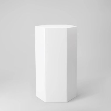 Gri arka planda perspektifi olan beyaz 3D altıgen podyum. Altıgen şekilli, sütun biçimli, boş müze sahnesi ya da kaidesi olan bir podyum. 3d temel geometrik şekil vektör çizimi