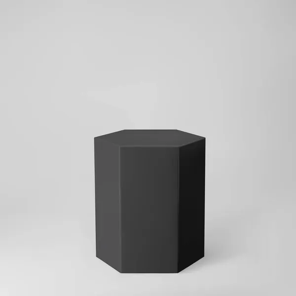 Podio esagonale 3d nero con prospettiva isolata su fondo grigio. Modello di podio prodotto a forma di esagono, pilastro, palcoscenico museo vuoto o piedistallo. Illustrazione vettoriale geometrica di base 3d — Vettoriale Stock