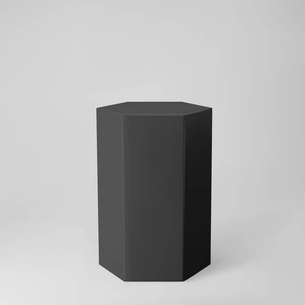 黑色3D六边形讲台，透视图与灰色背景隔离。以六边形、柱子、空空的博物馆舞台或基座制作的产品讲台模型。3D基本几何形状矢量图解 — 图库矢量图片