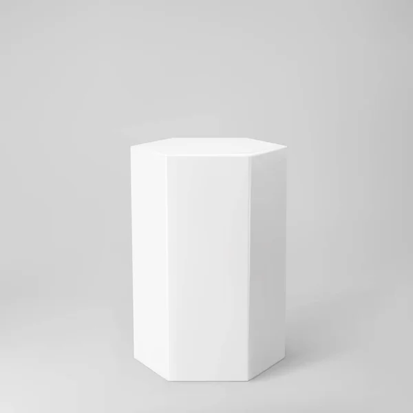 Wit 3d hexagon podium met perspectief geïsoleerd op grijze achtergrond. Produktpodium in zeshoekige vorm, zuil, leeg museumpodium of sokkel. 3d basis geometrische vorm vector illustratie — Stockvector