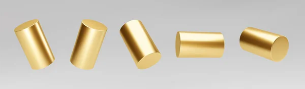 Gold 3D-Drehzylinder isoliert auf grauem Hintergrund. Zylindersäule, goldene Pfeife. 3D grundlegende geometrische Formen Vektor — Stockvektor