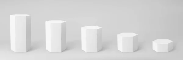 Beyaz 3d altıgen podyum seti. Perspektif gri arka planda izole edilmiş. Altıgen biçimli, sütun biçimli, boş müze sahneleri ya da kaidesi olan bir podyum modeli. 3d temel geometrik şekil vektör çizimi Stok Illüstrasyon