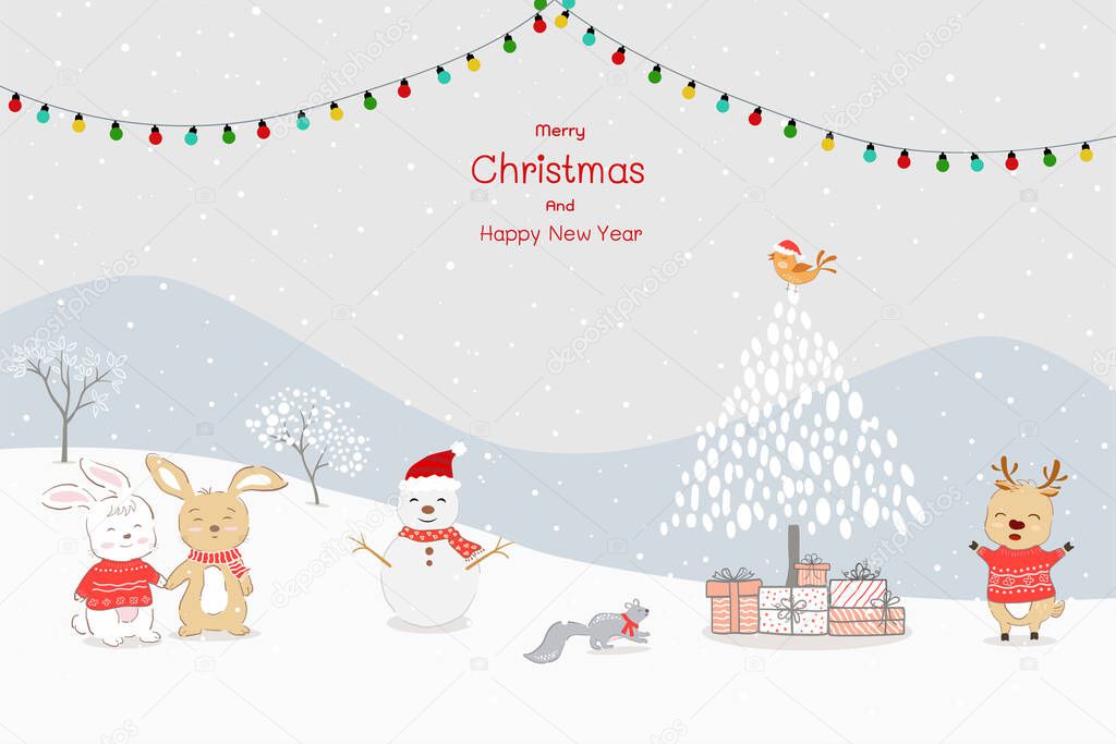 Merry Christmas and Happy new year greeting card with cute animals happy on winter,vector illustration