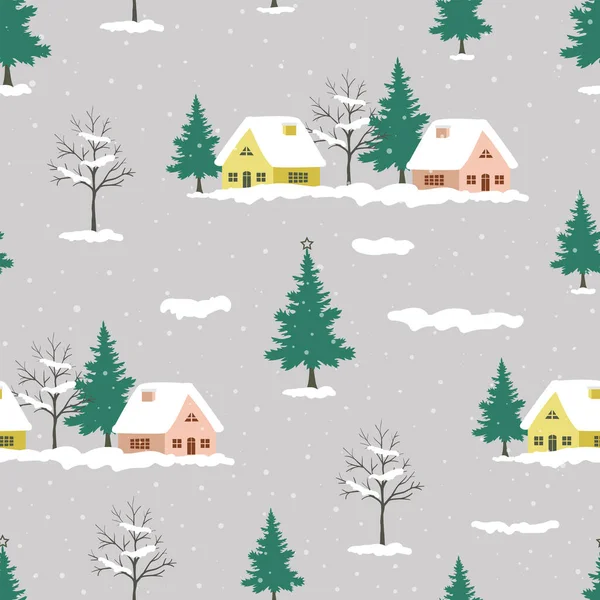 冬のテーマに雪の農村とシームレスなパターン ベクトルイラスト — ストックベクタ