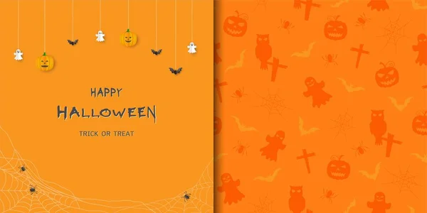 Colección Tema Halloween Con Tarjeta Felicitación Patrón Sin Costuras Para — Archivo Imágenes Vectoriales