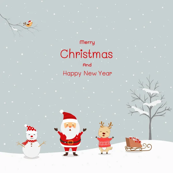 Vrolijk Kerstfeest Gelukkig Nieuwjaar Kerstman Rendieren Sneeuwpop Gelukkig Sneeuw Scene — Stockvector