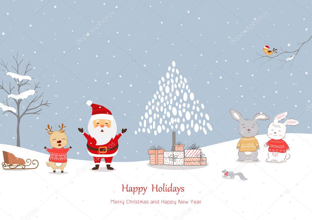 Merry Christmas and happy new year greeting card with Santa Claus and friends happy on winter,vector illustration