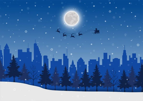 Père Noël Venant Ville Sur Fond Nuit Hiver Illustration Vectorielle — Image vectorielle