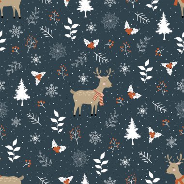 Tatlı geyikler, böğürtlenler ve koyu gri arka planda kar taneleri.