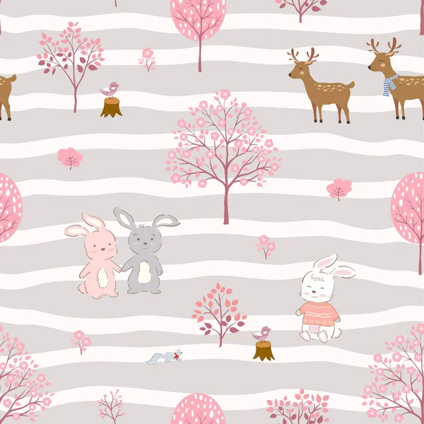 Cute Rabbits Friends Happy Pink Garden Seamless Pattern Blooming Flowers — Stock Vector