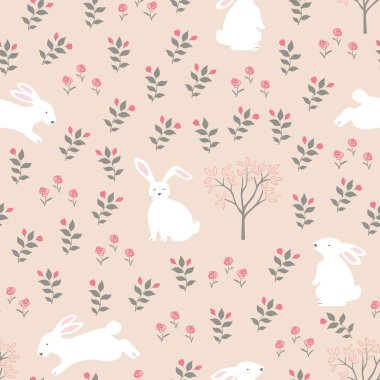 İlkbaharda beyaz tavşanlarla paskalya pürüzsüz deseni, duvar kağıdı, moda, kumaş, tekstil, çocuk ürünü ve tüm baskılar için tasarım, vektör illüstrasyonu