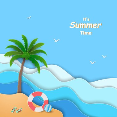 Mavi deniz manzaralı yaz tatili arka planı, hindistan cevizi palmiyesi, yüzme yüzüğü, sandalet ve plaj topu kağıt kesiği ve zanaat stili, vektör çizimi