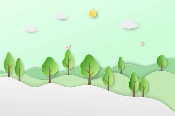 Spring Forest Landscape Background Paper Cut Craft Style Vector Illustration — Vetor de Stock