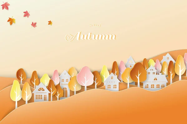 Landscape Autumn Season Countryside Colorful Leaves Paper Cut Craft Style — Image vectorielle