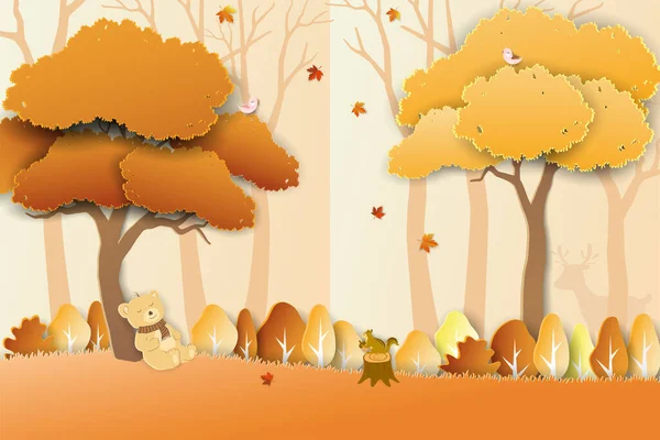 Paper Art Stil Der Herbst Landschaft Mit Niedlichen Bären Auf — Stockvektor