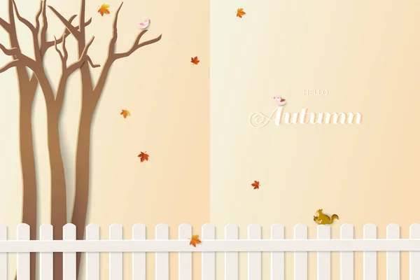 Paper Art Autumn Fall Landscape Background Cute Squirrel Birds Happy — ストックベクタ