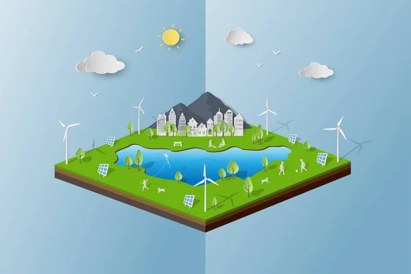 Eco Friendly Environment Conservation Concept Paper Art Eco City Isometric — Image vectorielle